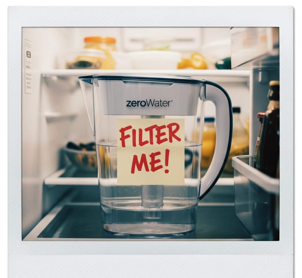 Retro Polaroid ZeroWater: Fridge, Filter, & "FILTER ME!" Note