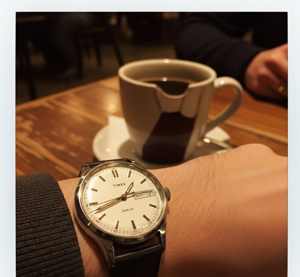 Timex Marlin at a Coffee Shop: Vintage Watch Style in a Warm, Casual Setting