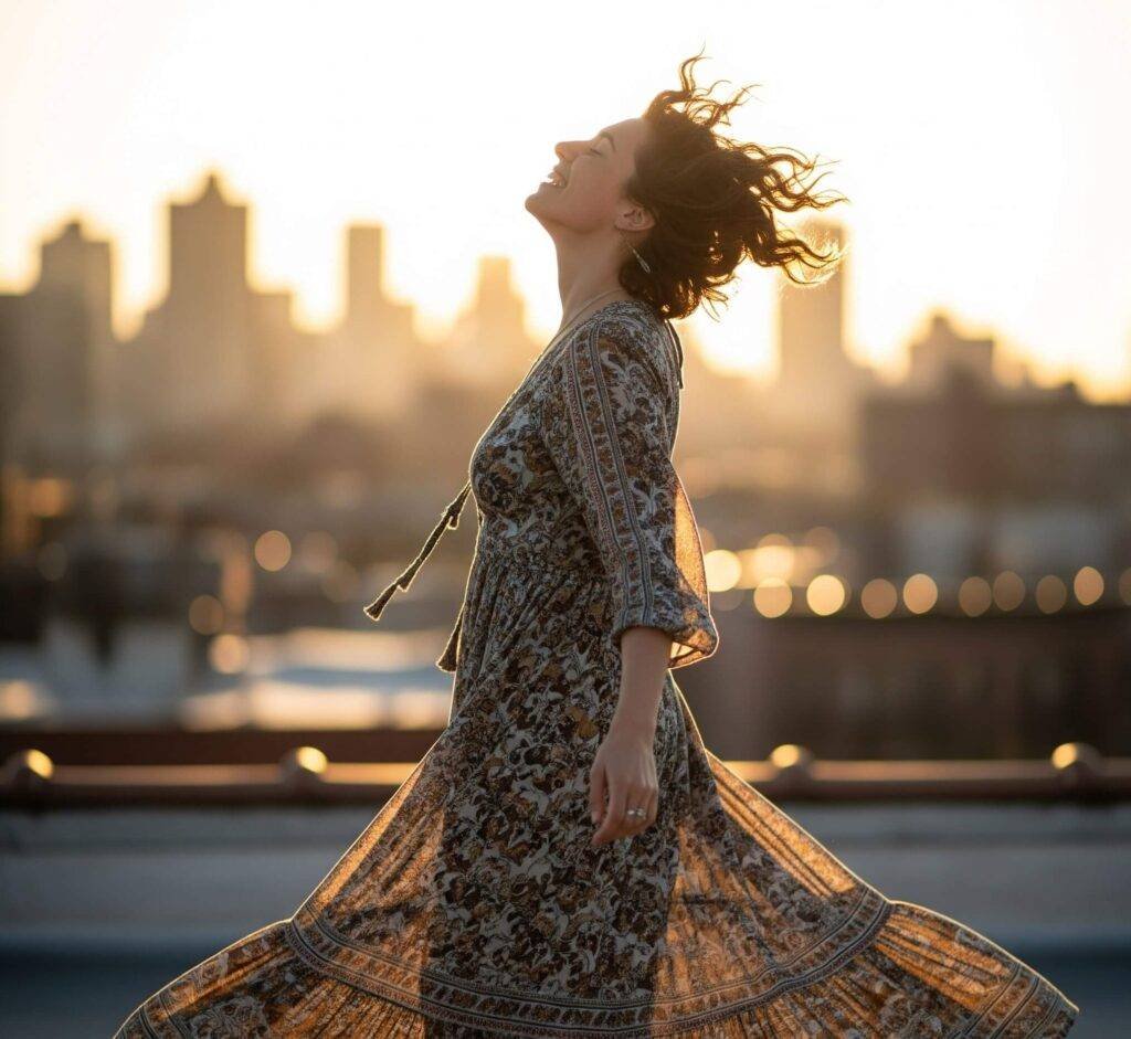 An Overexposed Boho Rooftop Photo of a Person Twirling in an Anthropologie Maxi Dress