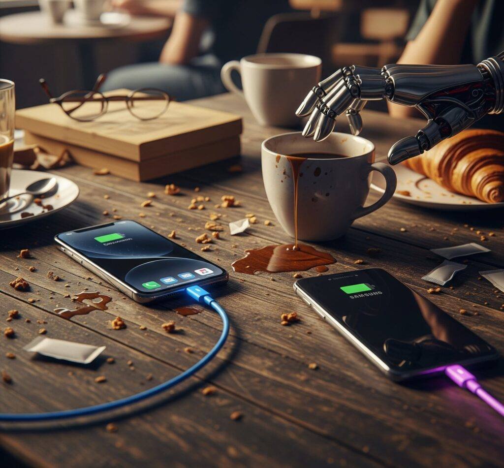 Charged Chaos: iPhone 15 vs. Galaxy S24 Charging on a Messy Coffee Shop Desk