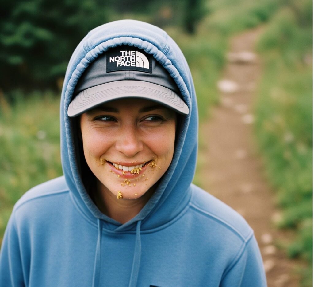 Patagonia Hoodie, The North Face Cap & Granola Bar Crumbs