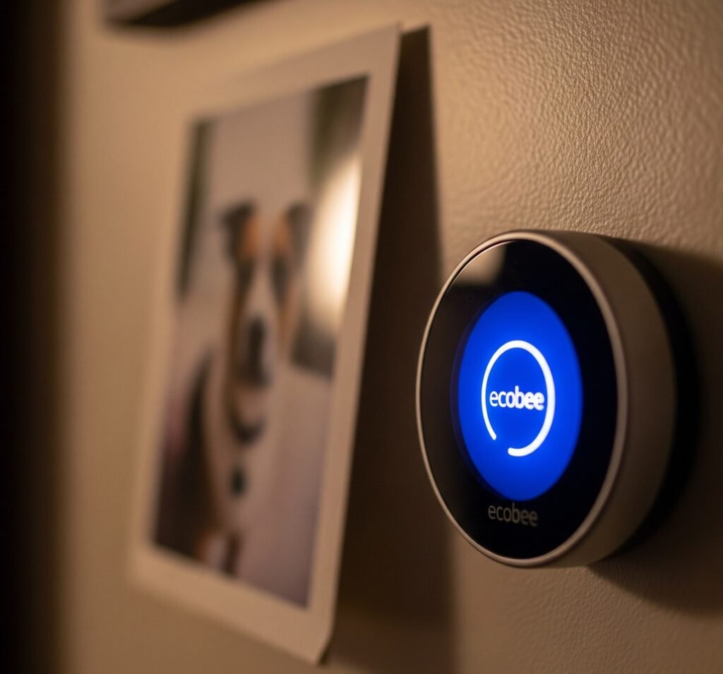 Ecobee Thermostat with a Neon Blue Glow