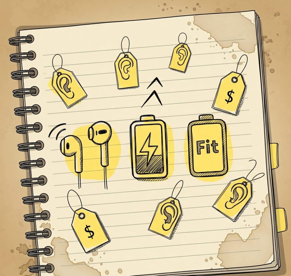 Infographic of Earbuds Features on Coffee-Stained Notebook
Infographic of Earbuds Features on Coffee-Stained Notebook