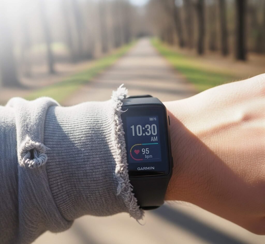 Fitbit vs Garmin Vivosmart 5 on wrist, park trail in background