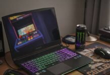 Top 5 Budget Gaming Laptops in 2025 That Don’t Suck Messy Desk Gaming Setup: Budget Laptop with RGB Keyboard & Retro Arcade Reflection